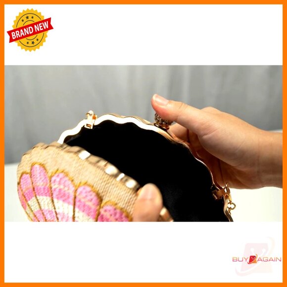 Straw Woven Clutch Purse with Shell Pattern, Chain Strap, Kiss Lock Closure - Picture 7 of 7